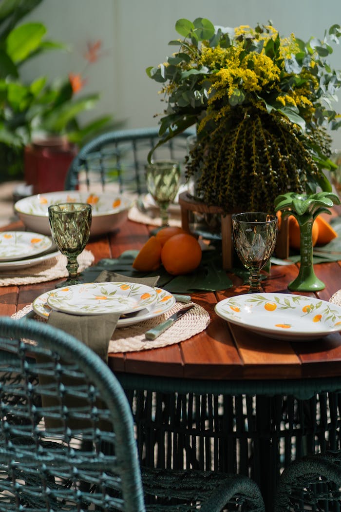 Beautifully set outdoor table with citrus-themed decor and plants for a refreshing dining experience.